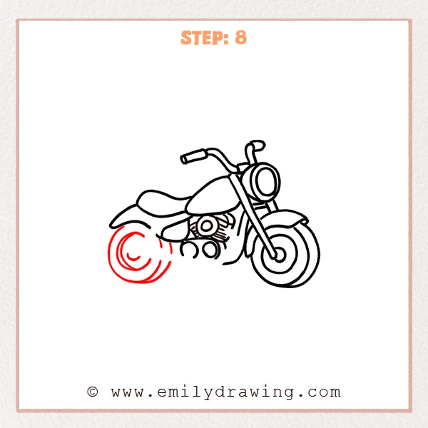 how to draw a cartoon motorcycle - Cartoon motorcycle sketch adds a large rear wheel with inner ring lines behind the seat and engine area.